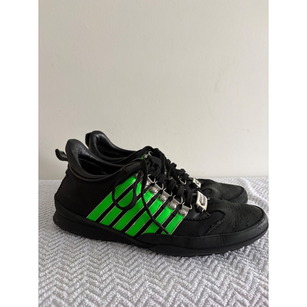 DSQUARED2 Kick It! Black Neon Green Leather Sneakers EU 42 Mens Low Top